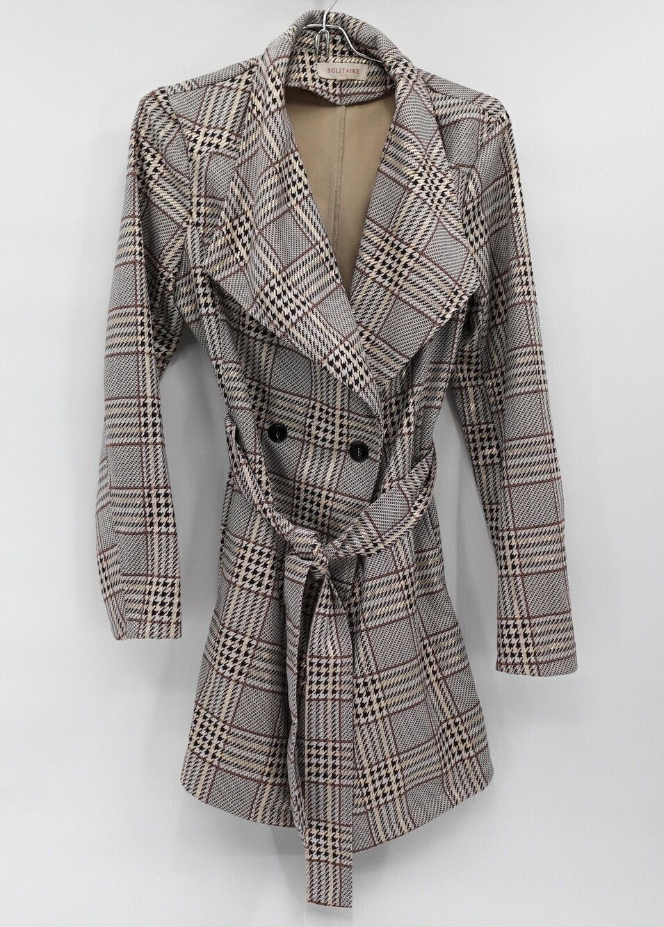 Solitaire Trench Coat Womens Small Beige Plaid Belted Lined Mid Length Classic